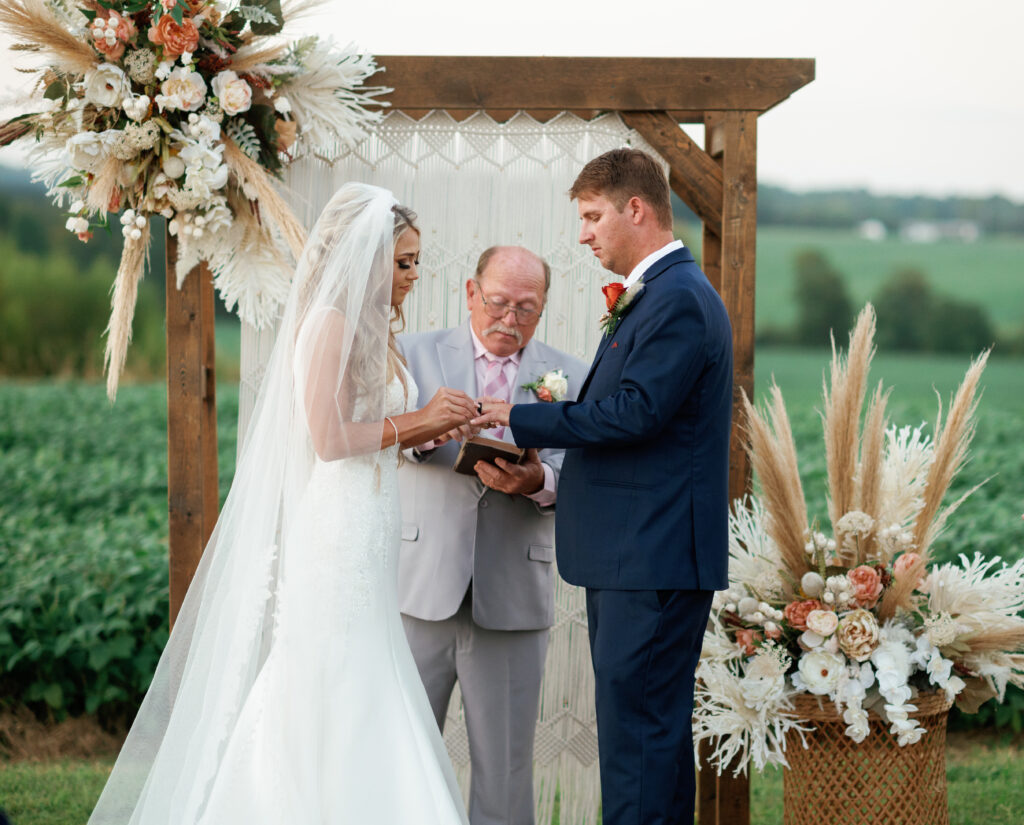 Bride and groom exchanging wedding rings