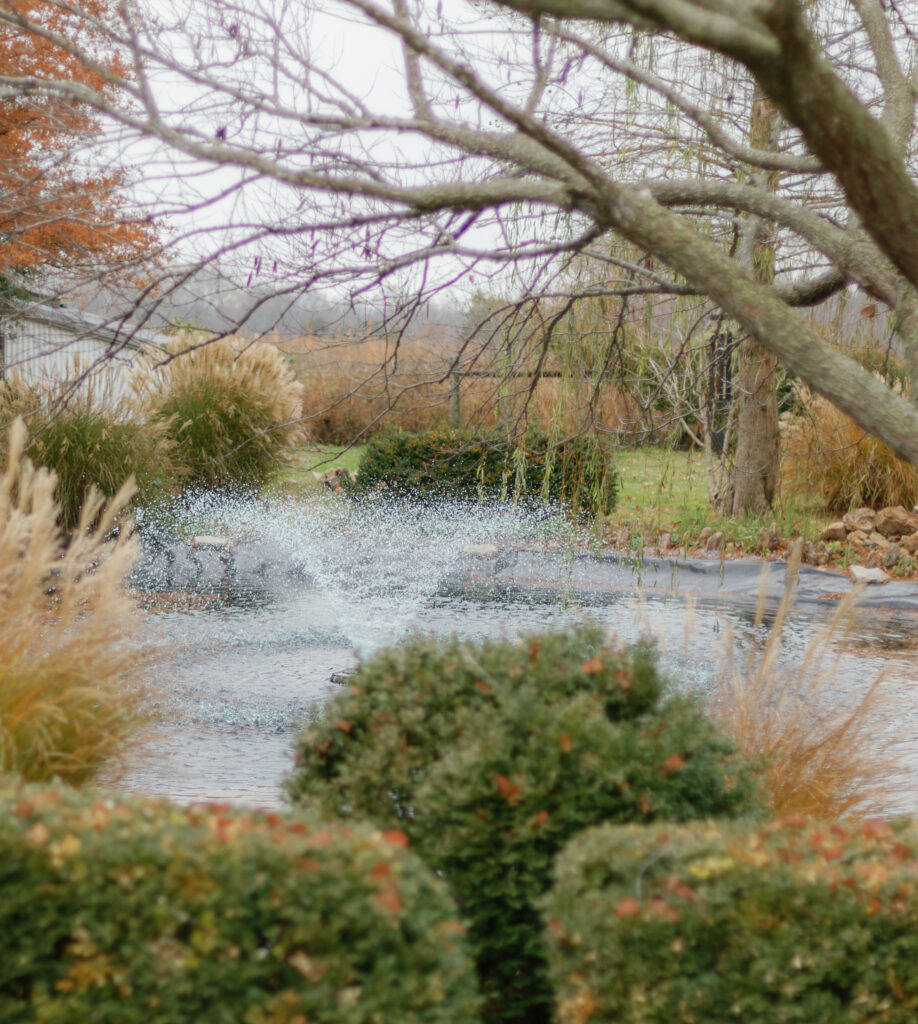 Pond and water fountain at Kentucky wedding venue.