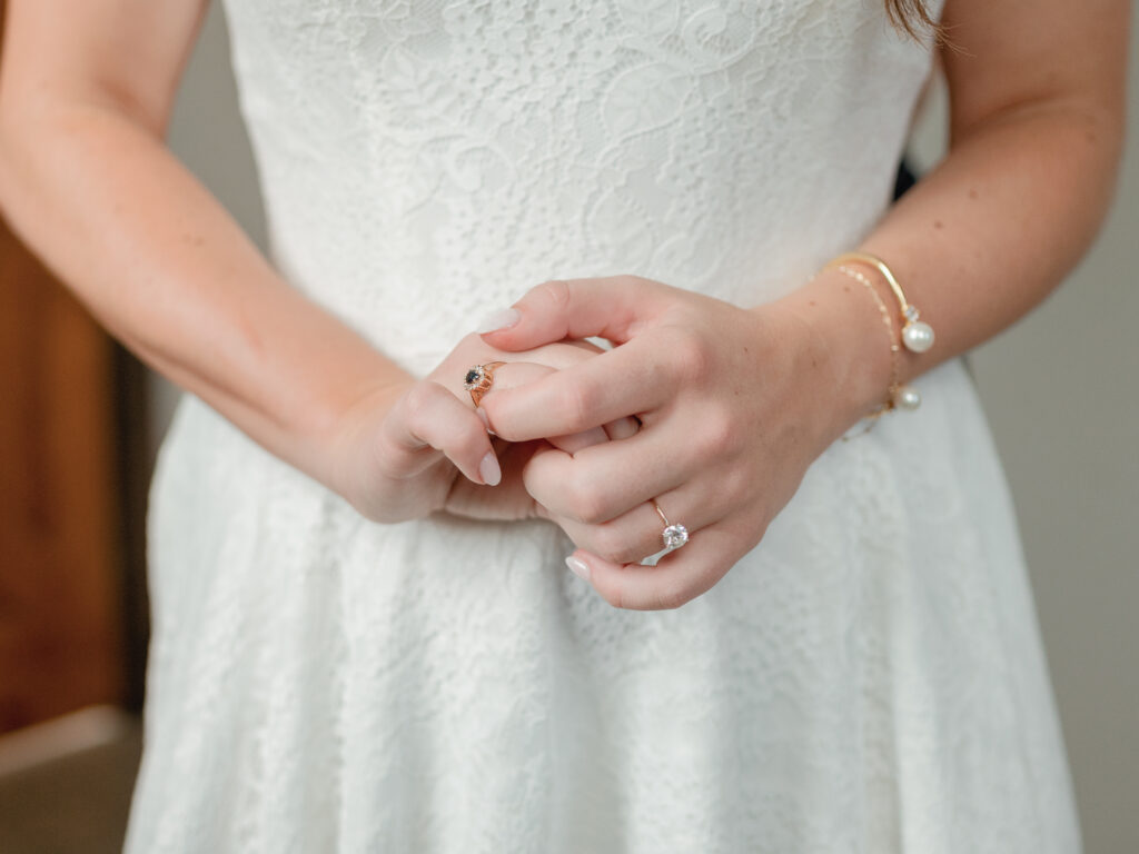 Close up of newly engaged ring hand. 